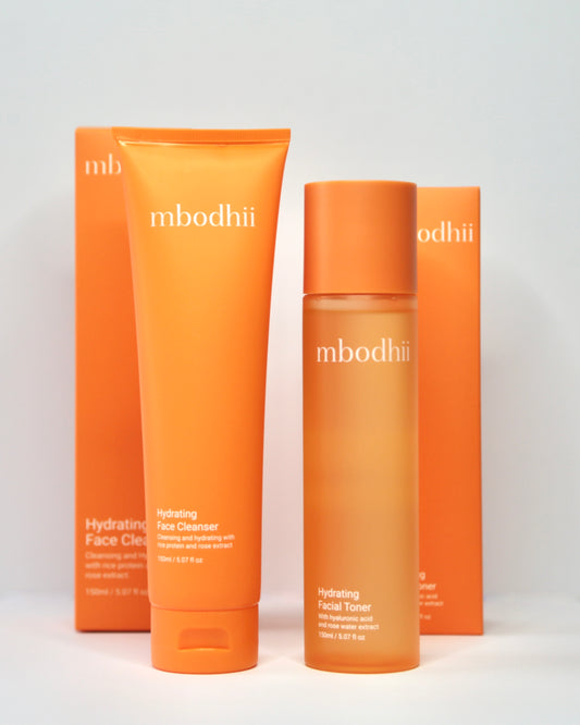 The mbodhii Fresh Balance Pack which includes the Hydrating Face Cleanser + the Hydrating Facial Toner with their boxes behind them on a white background