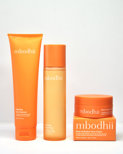 The mbodhii Hydra Glow Essentials Pack which includes the Hydrating Face Cleanser + Hydrating Facial Toner + the Rose Hydration Face Cream