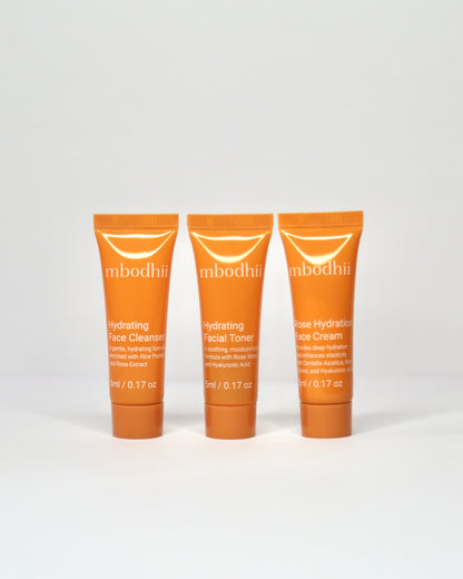 The mbodhii Mini Sample Pack including 5ml each of the Hydrating Face Cleanser + Hydrating Facial Toner + Rose Hydration Face Cream on a white background