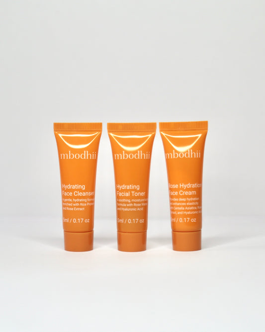 The mbodhii Mini Sample Pack including 5ml each of the Hydrating Face Cleanser + Hydrating Facial Toner + Rose Hydration Face Cream on a white background
